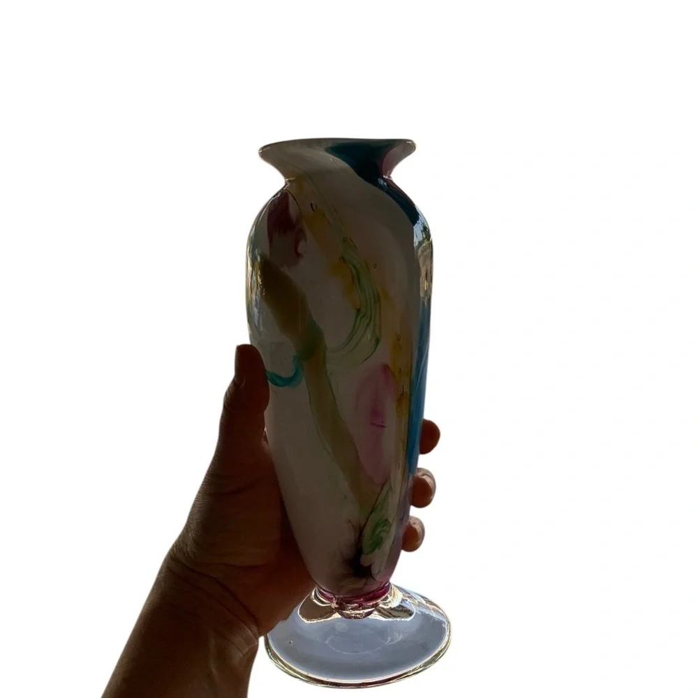Blown Glass Art Vase Gorgeous white pink blue yellow brown signed great gift